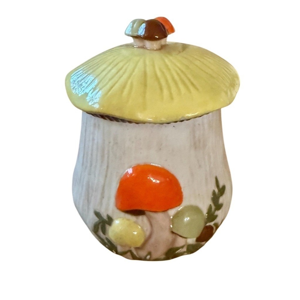 Sears Merry Mushroom Canister Jar w/ Lid Small Vintage Yellow 1970s 8.5in